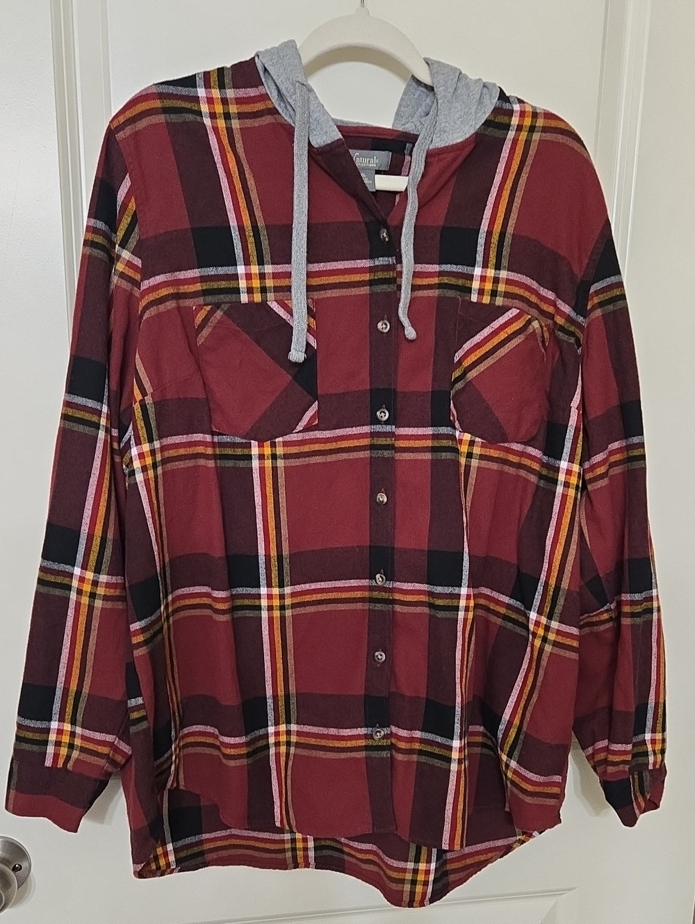 Natural Reflections Women's Burgundy Plaid Button-Down Shirt with Gray Hood
